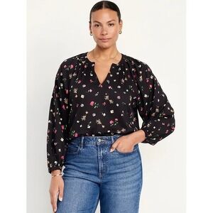 Old‎ Navy Floral Print Long Sleeve Blouse Women's Size M Black Pink Casual Top